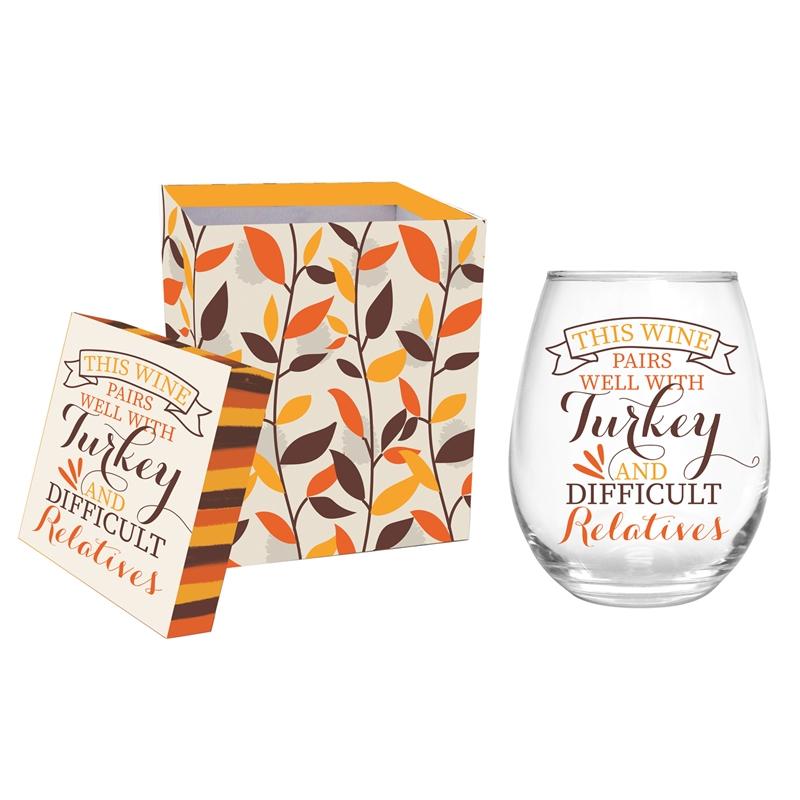 EV Stemless Wine Glass 17oz- This Wine Pairs Well with Turkey and Difficult Relatives