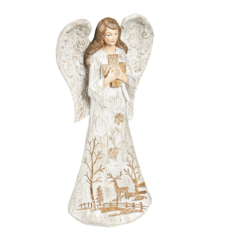 12"H White Angel with Wood Carved Finish Garden Statuary